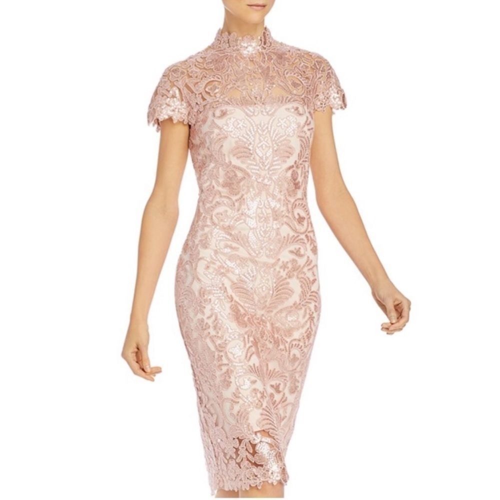 Tadashi Shoji Blush Pink Lace Sheath Dress Size 4 | High Neck | Wedding Guest
